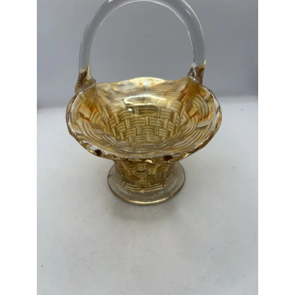 Vintage Marigold 6” Dugan Carnival Glass Weaved Pattern Basket